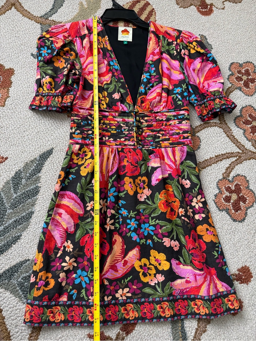 FARM Rio Black Floral Puff-Sleeve Mini Dress - size xs - Picture 3 of 3